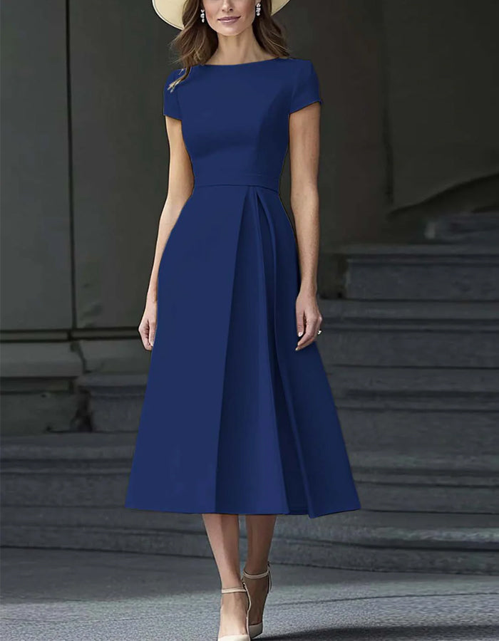 Solid A-line Short Sleeves Midi Dress