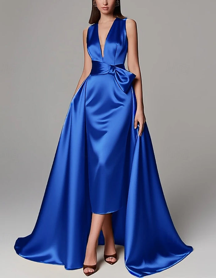 Solid Color A-line Formal Floor-length Long Sleeve Satin Ribbon Bow Maxi Dress