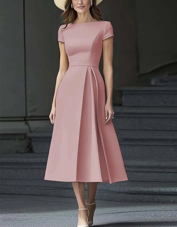 Solid A-line Short Sleeves Midi Dress