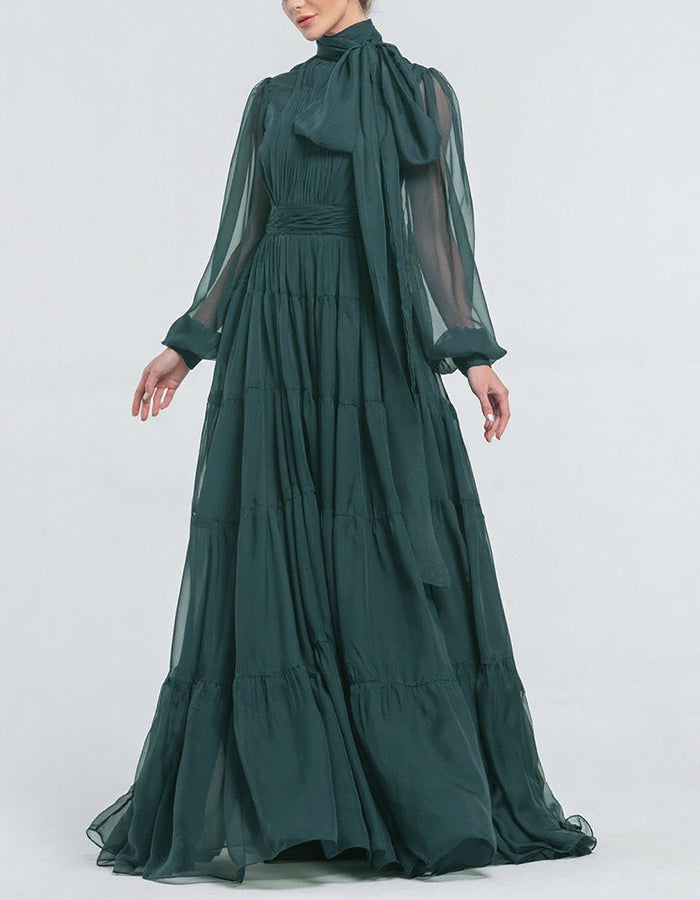 Dark Green High Neck Bow Maxi Dress