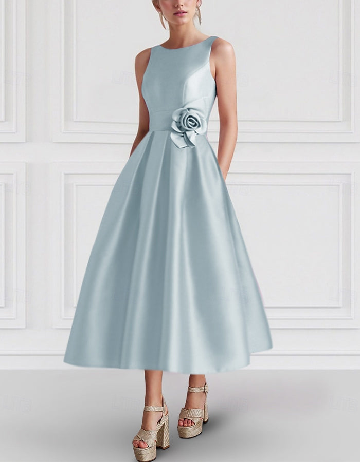 Solid Color Satin 3d Flowers Midi Dress
