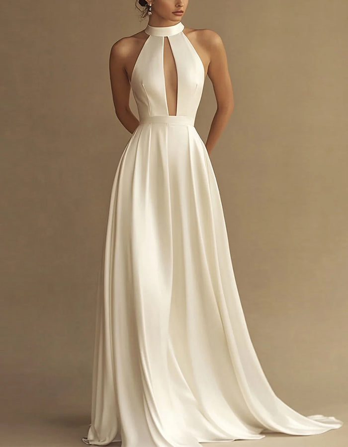 White A-line Sleeveless Halter Maxi Dress