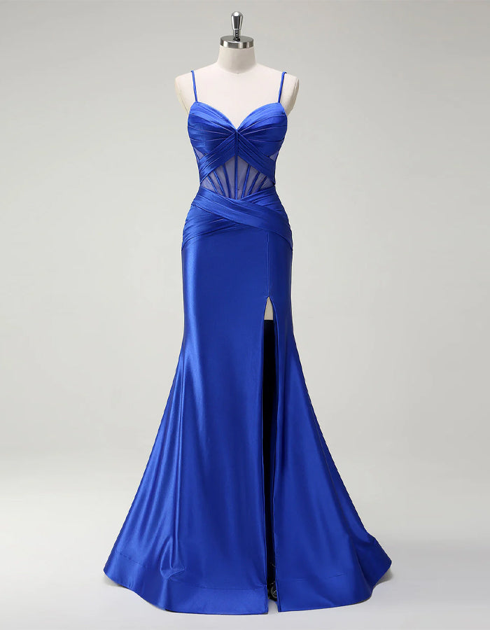 Blue Mermaid Spaghetti Strap Satin Corset Slit Ball Gown Maxi Dress