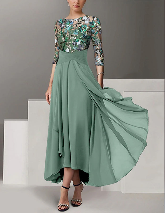 Vestido de Noche Vintage de Gasa con Bordado de Lentejuelas, Manga Media y Corte en A para la Madre de la Novia