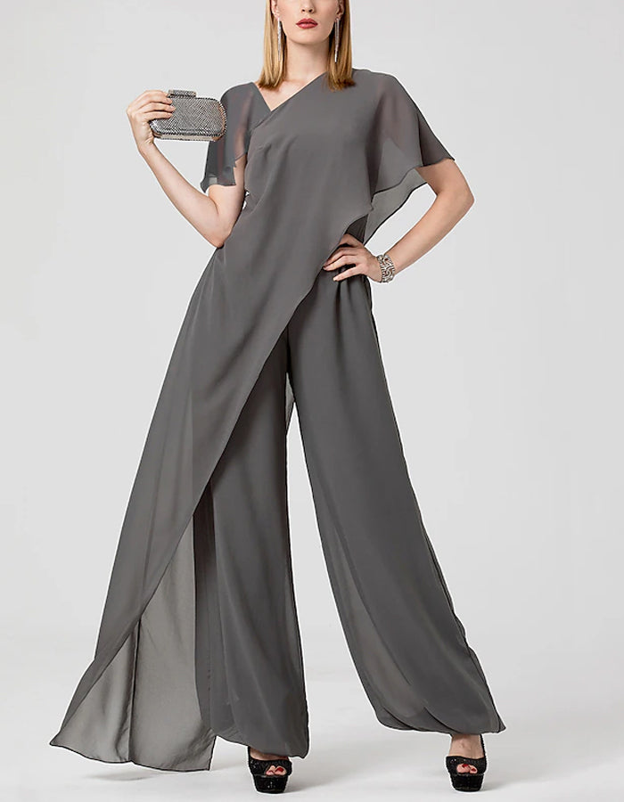 Solid Color V-neck Chiffon Crisscross Jumpsuit