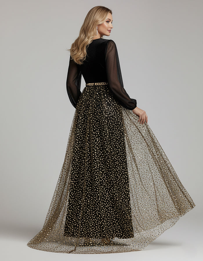 Black Velvet Chiffon Splicing Maxi Dress