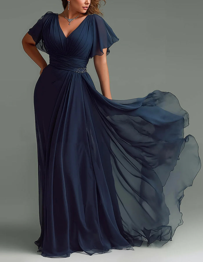 Dark Blue V-neck Chiffon Maxi Dress