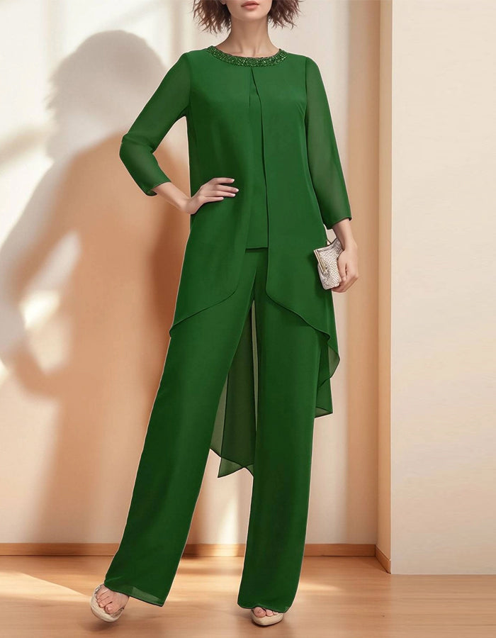 Traje de 2 piezas de top de chifón de cuello redondo verde y pantalón