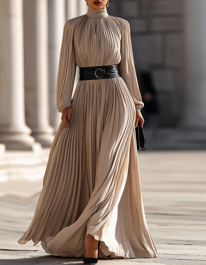 Beige Pleated High Collar And Long Sleeves Maxi Dress