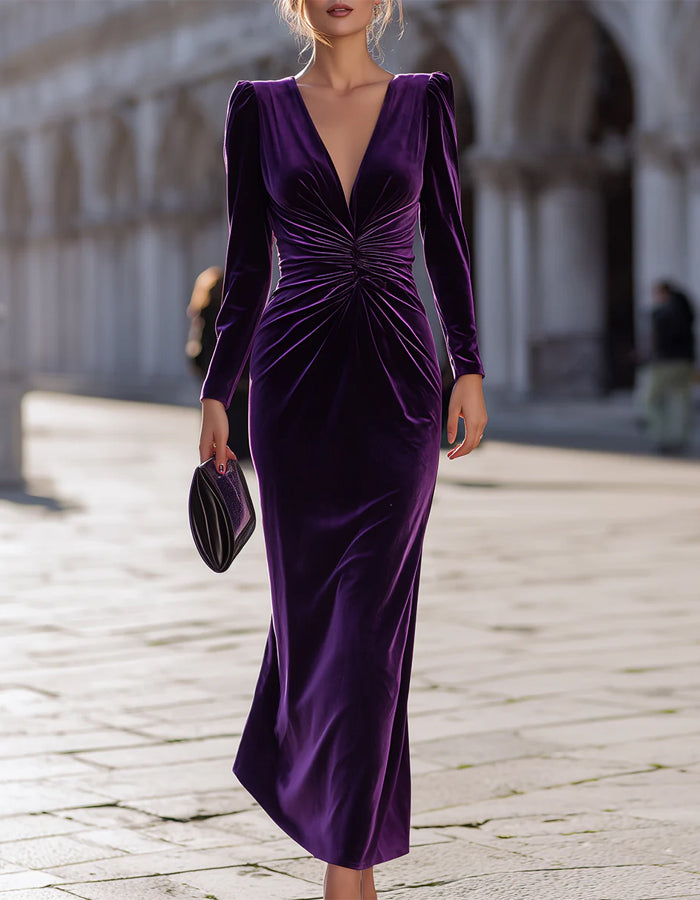 Purple Velvet Long-sleeved Tights Midi Dress
