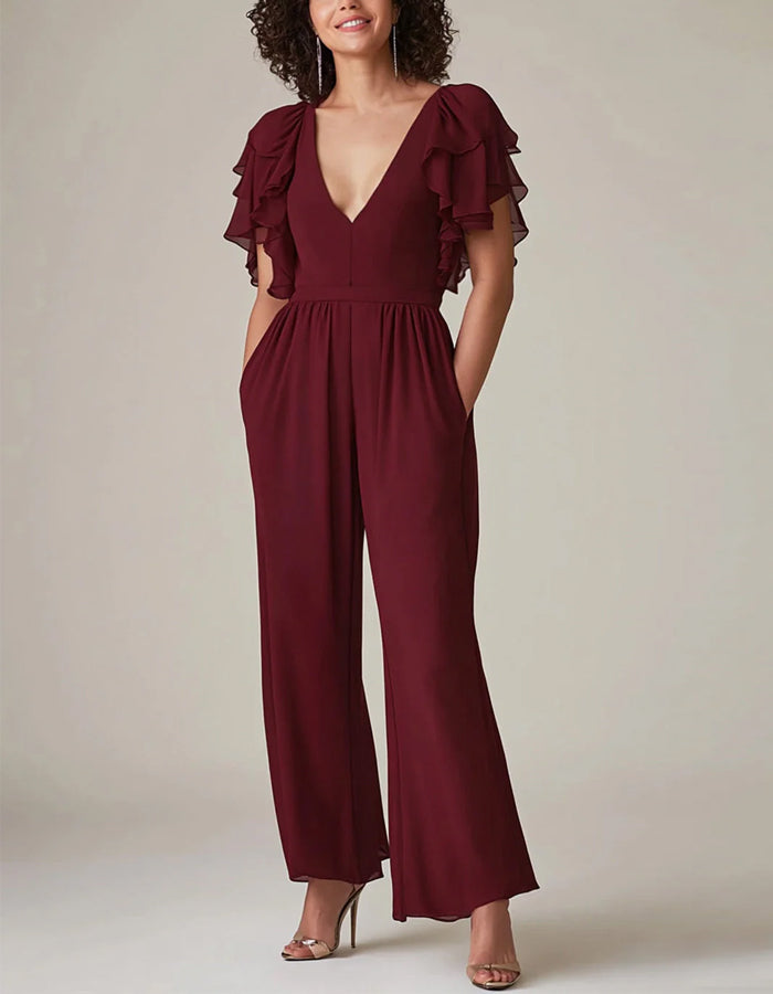 Burgundy Ruffle Sleeve Chiffon Mother Jumpsuit
