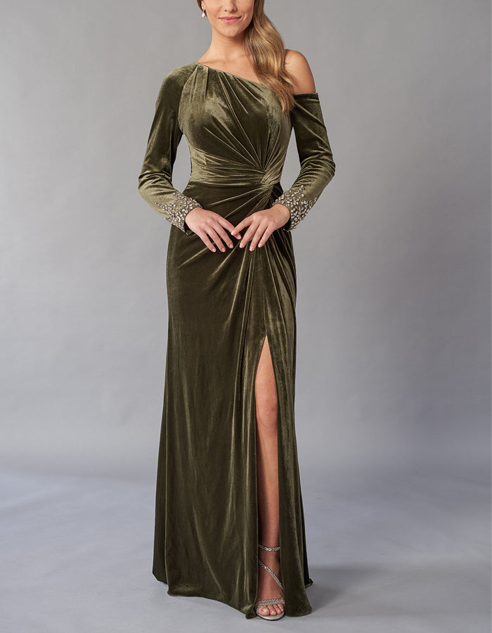 Olive Green Asymmetric Neckline Stretch Velvet Long Sleeves Maxi Dress