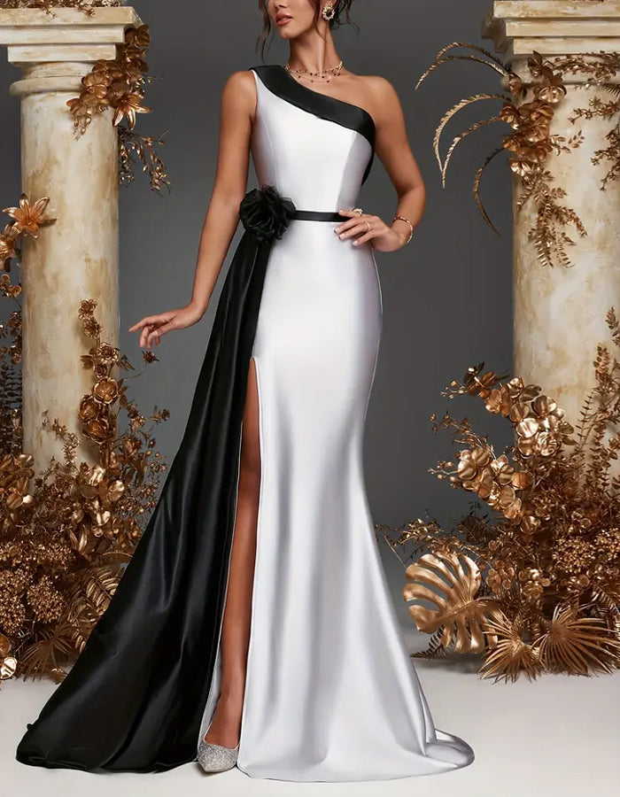 Vestido largo de raso con hombros descubiertos, blanco y negro