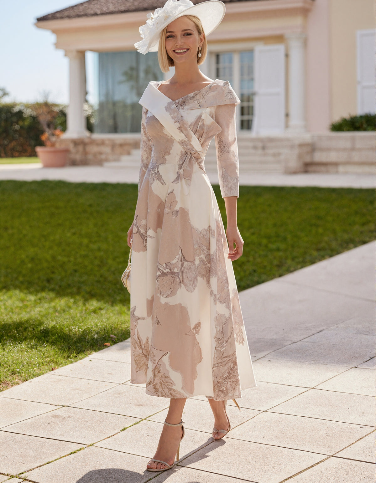Apricot V-neck Chiffon Print Floral Midi Dress