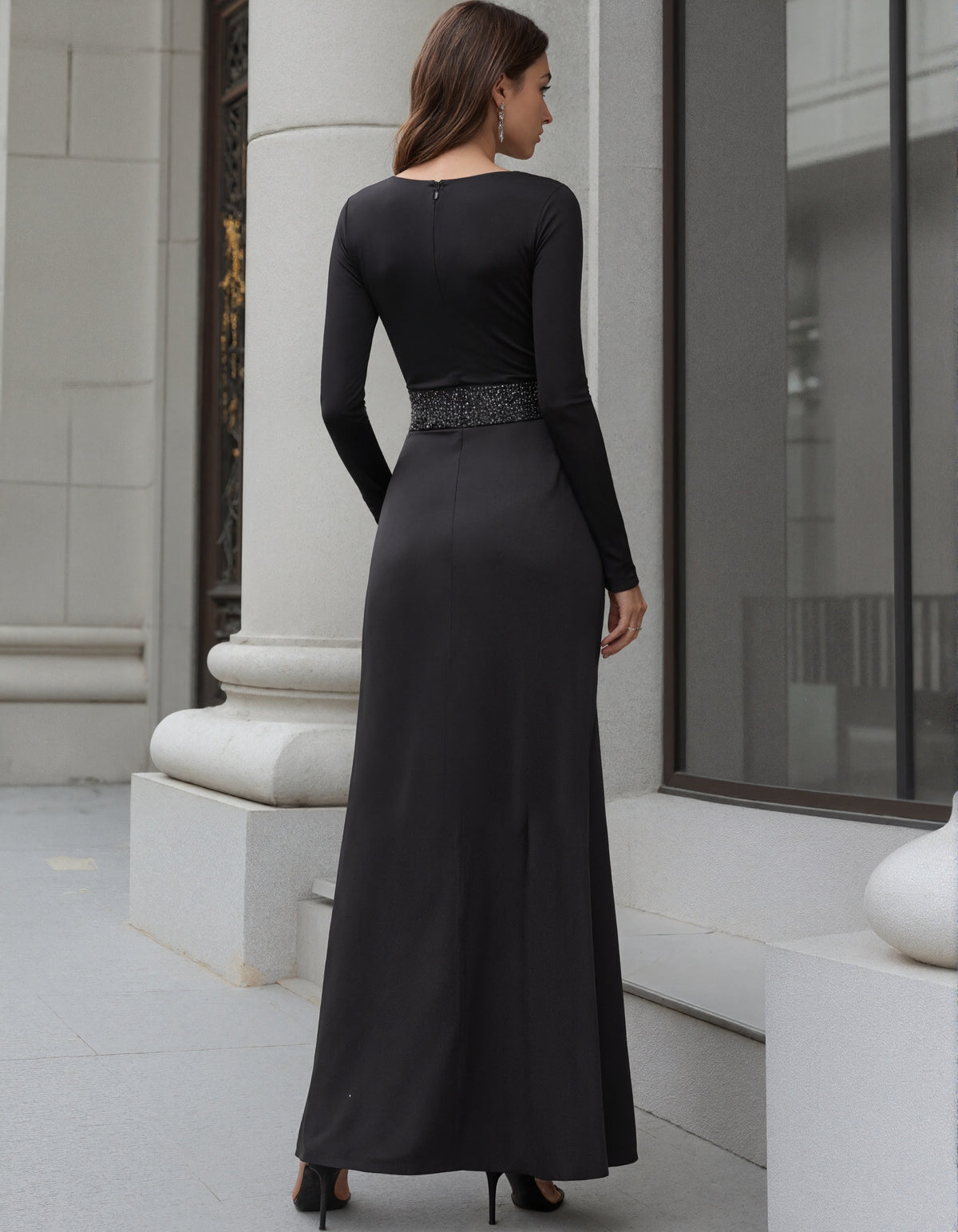 Black Long Sleeved Sequined Satin Maxi Dress