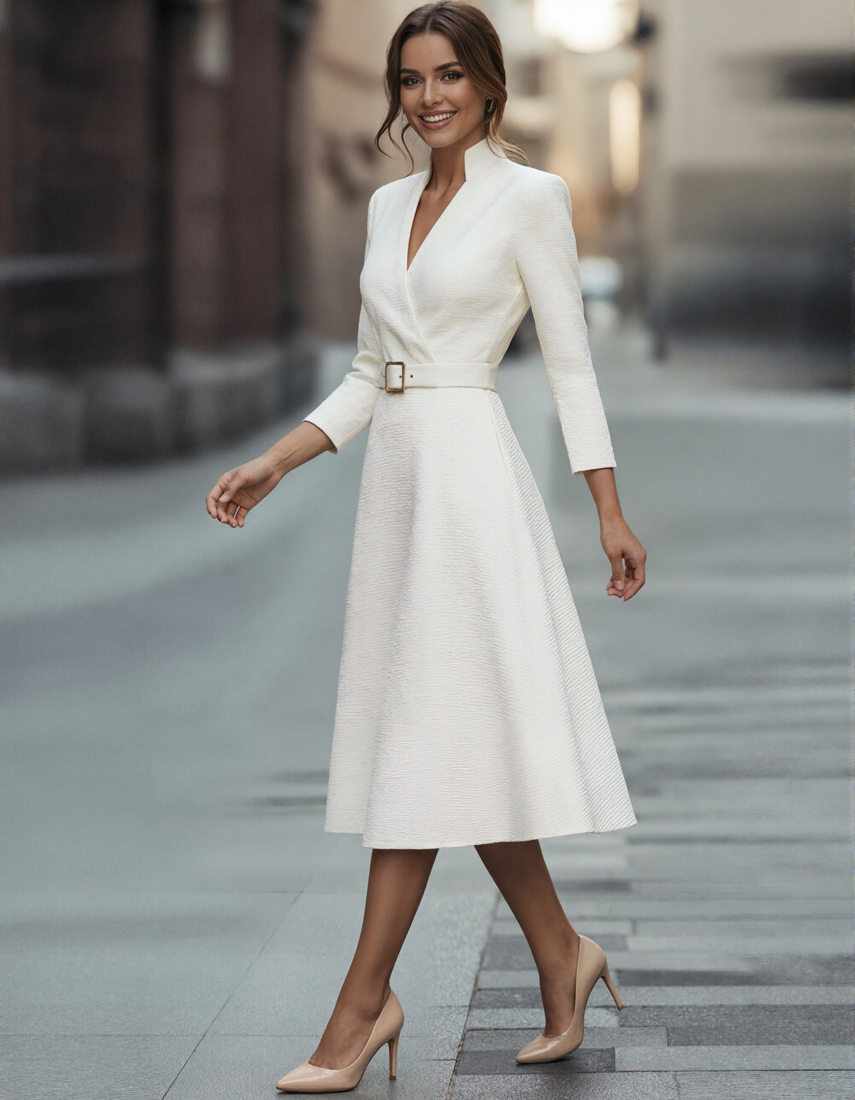 White V-Neck Three Quarter Sleeve Midi Dress