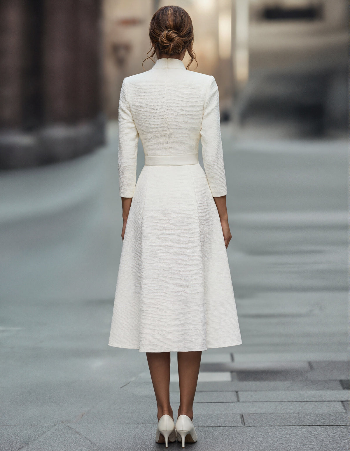 White V-Neck Three Quarter Sleeve Midi Dress