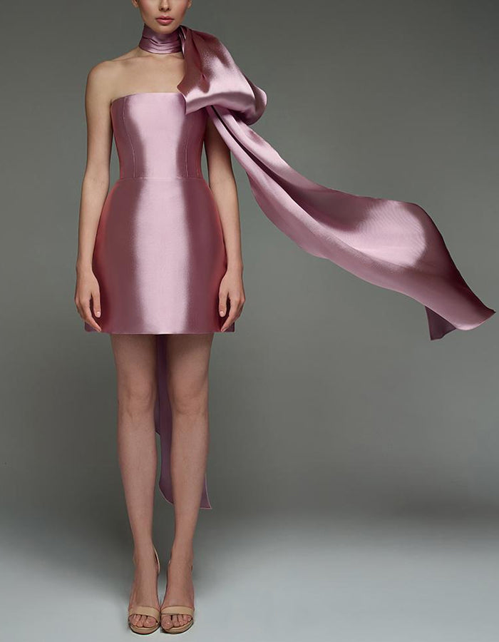 Pink Tube Top Satin Tight Neck Ribbon Mini Dress