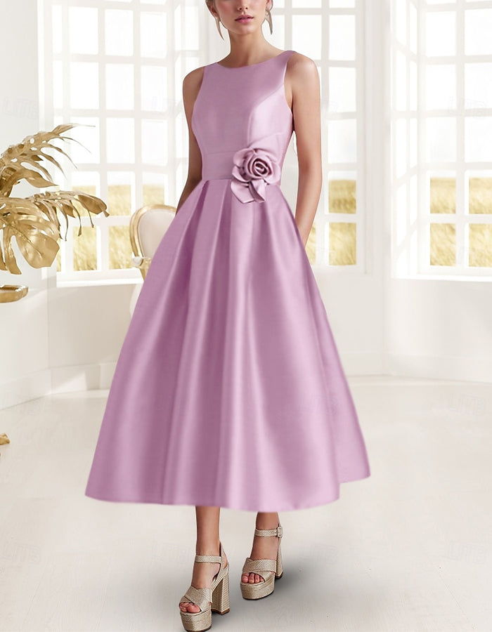 Solid Color Satin 3d Flowers Midi Dress
