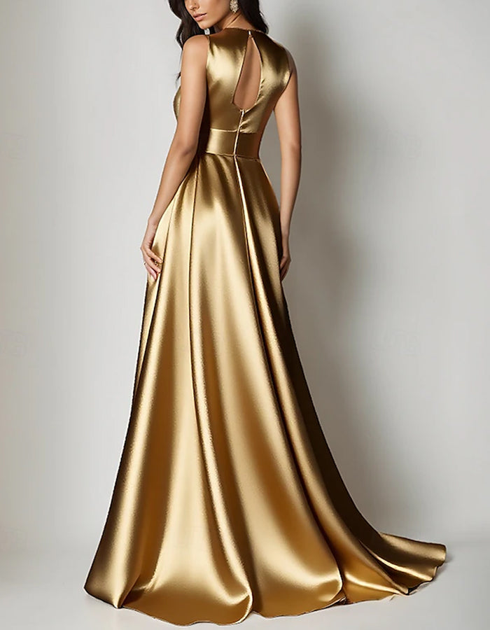 Solid Color A-line Formal Floor-length Long Sleeve Satin Ribbon Bow Maxi Dress