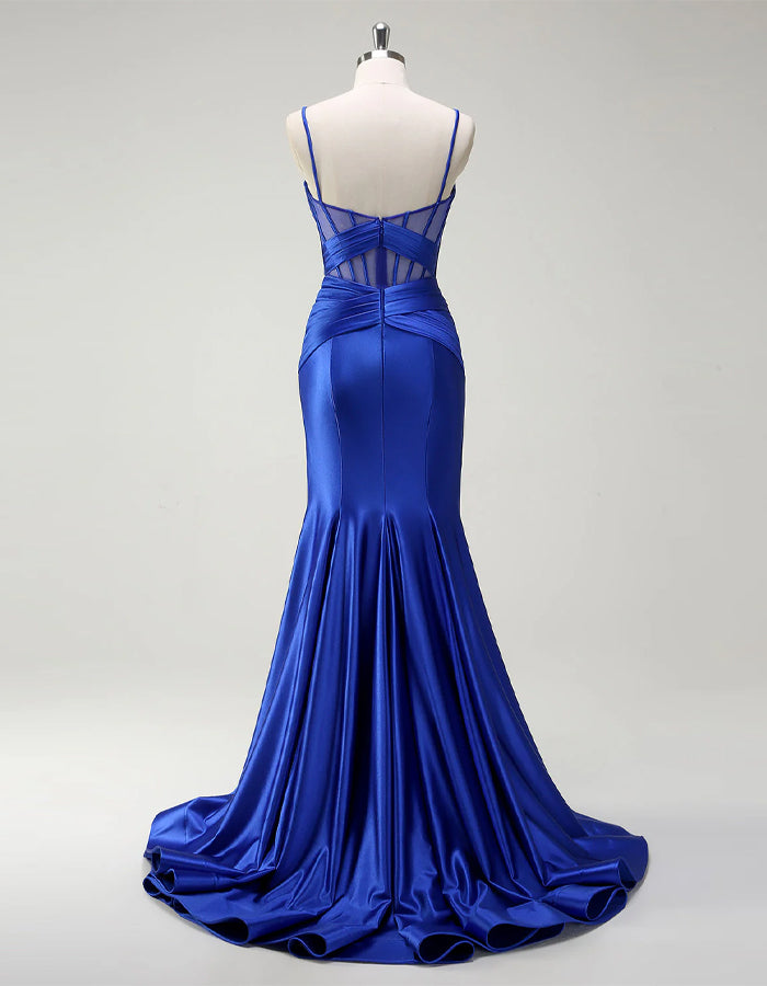 Blue Mermaid Spaghetti Strap Satin Corset Slit Ball Gown Maxi Dress