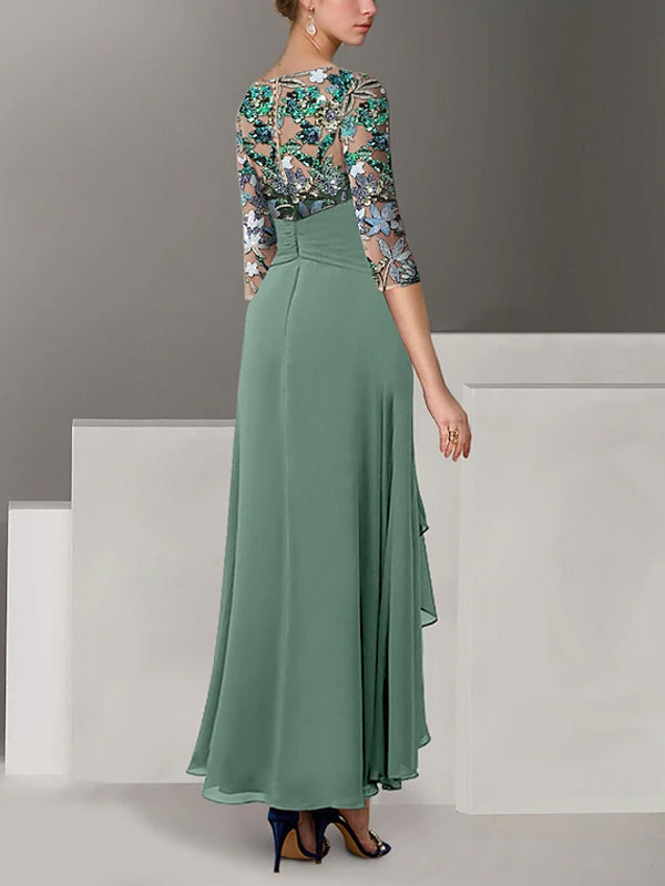A-line Vintage Chiffon Half-sleeve Sequin Embroidery Mother Of The Bride Midi Dress