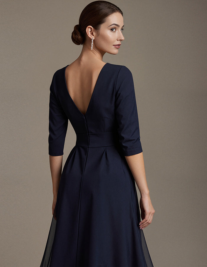 Navy Blue V-neck Chiffon A-line Half-sleeve Appliqué Midi Dress