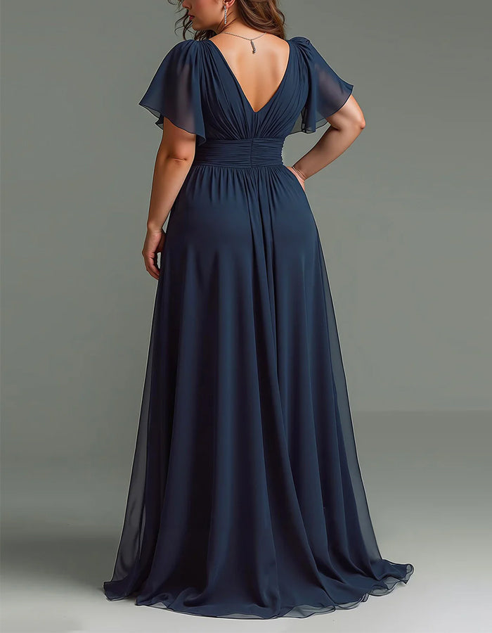 Dark Blue V-neck Chiffon Maxi Dress