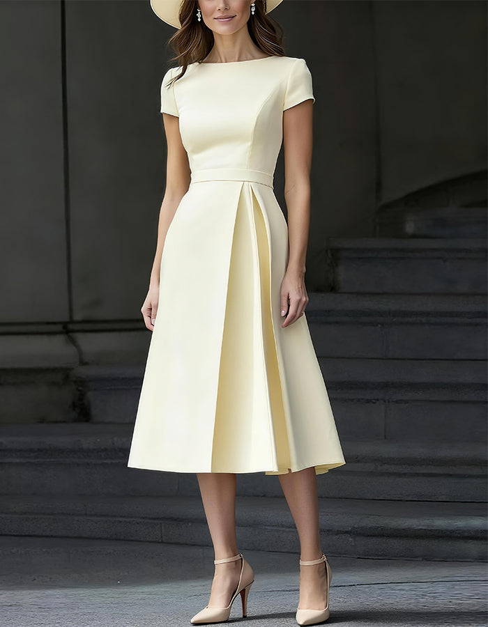 Solid A-line Short Sleeves Midi Dress