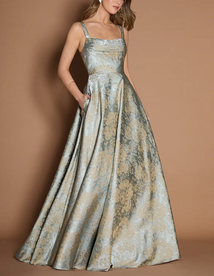 Blue Satin Floral Suspenders Maxi Dress