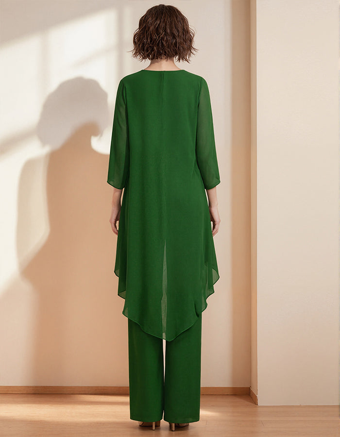 Green Round Neck Chiffon Top And Trousers 2-Piece Suit