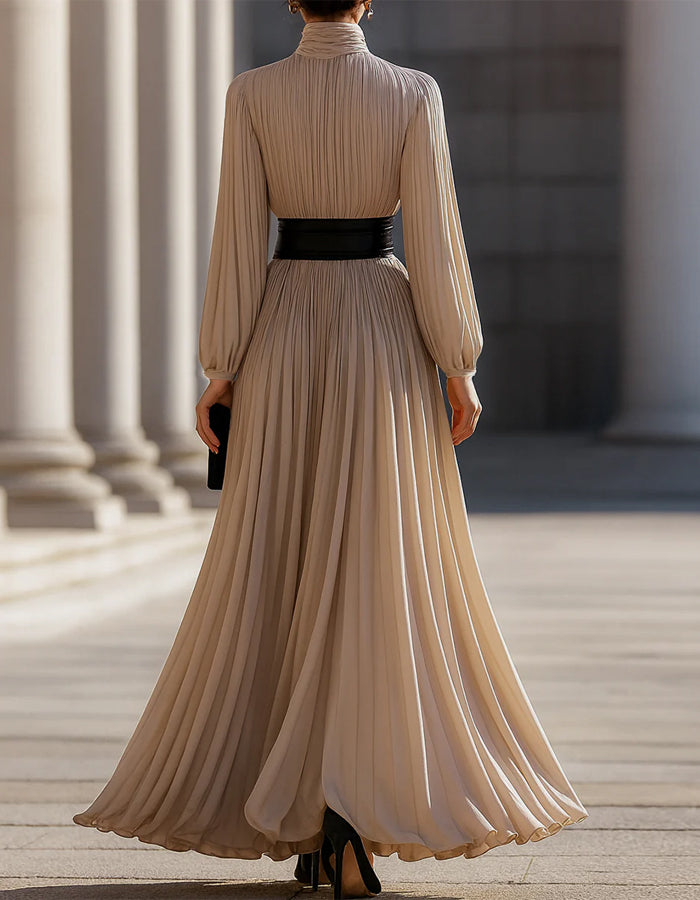 Beige Pleated High Collar And Long Sleeves Maxi Dress