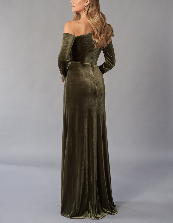 Olive Green Asymmetric Neckline Stretch Velvet Long Sleeves Maxi Dress