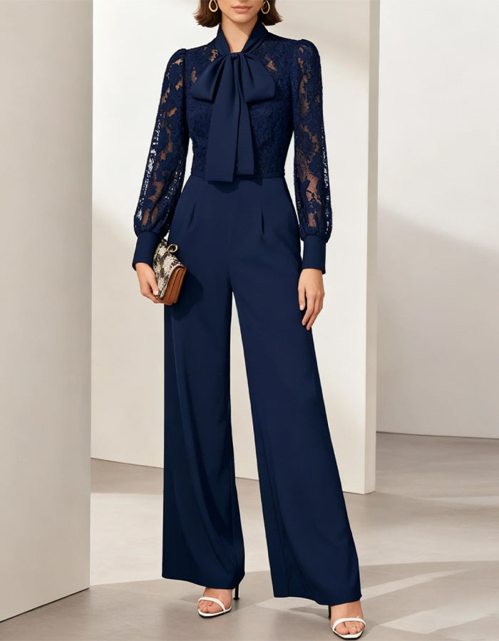 Blue Lace Bow Long Sleeve Jumpsuit
