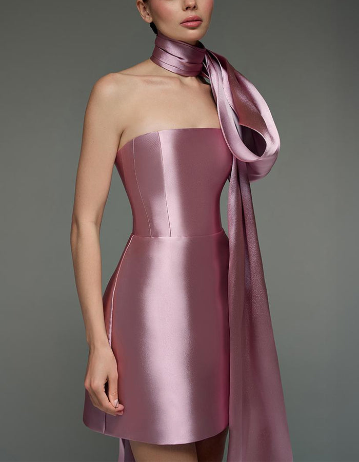 Pink Tube Top Satin Tight Neck Ribbon Mini Dress