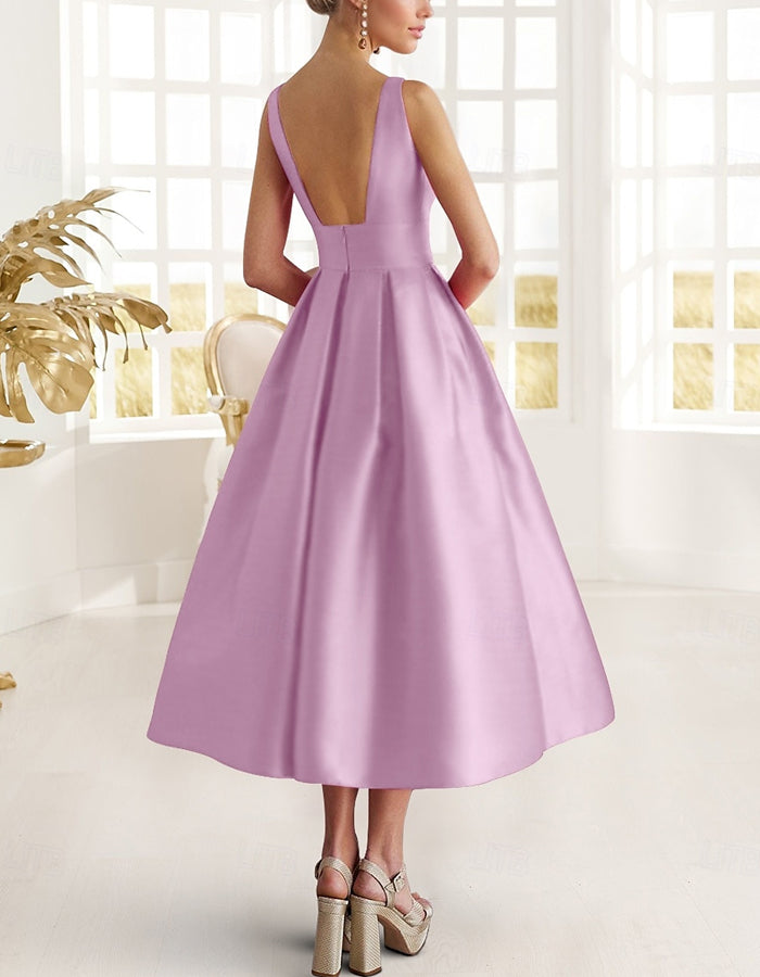 Solid Color Satin 3d Flowers Midi Dress