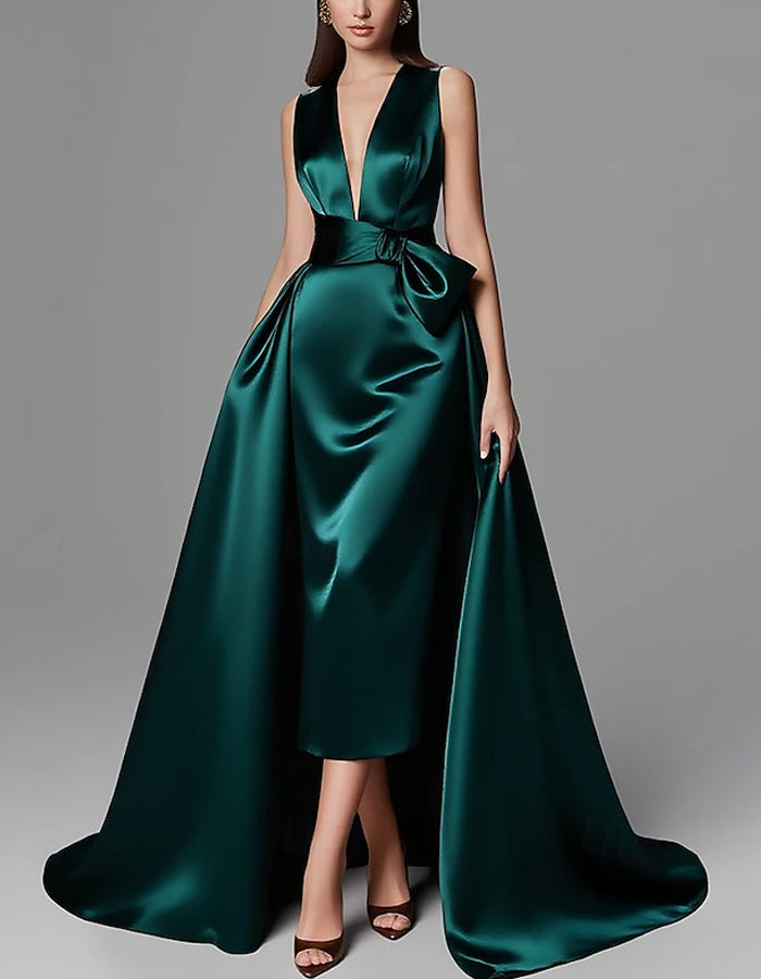 Solid Color A-line Formal Floor-length Long Sleeve Satin Ribbon Bow Maxi Dress