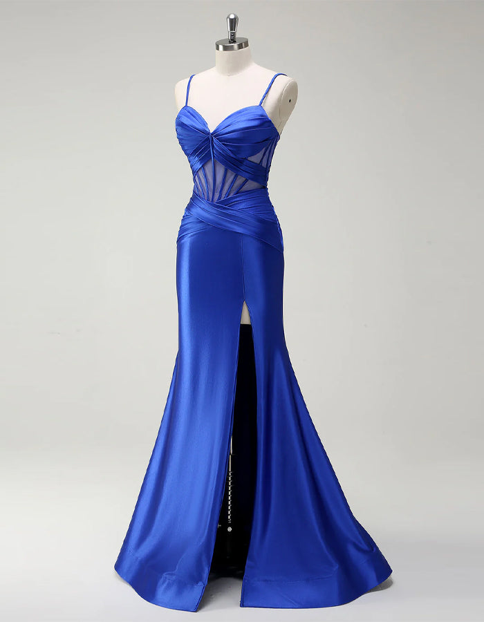 Blue Mermaid Spaghetti Strap Satin Corset Slit Ball Gown Maxi Dress