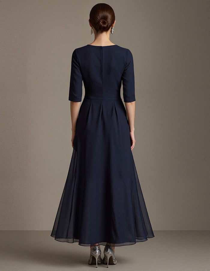Navy Blue V-neck Chiffon A-line Half-sleeve Appliqué Midi Dress