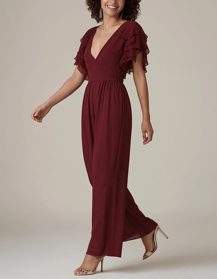 Burgundy Ruffle Sleeve Chiffon Mother Jumpsuit