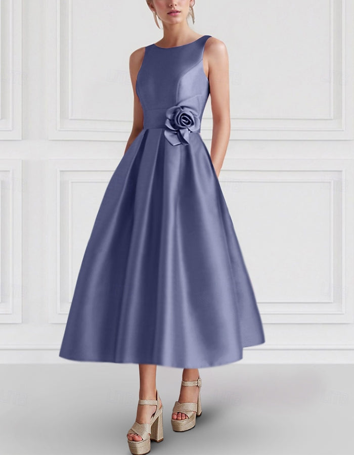 Solid Color Satin 3d Flowers Midi Dress
