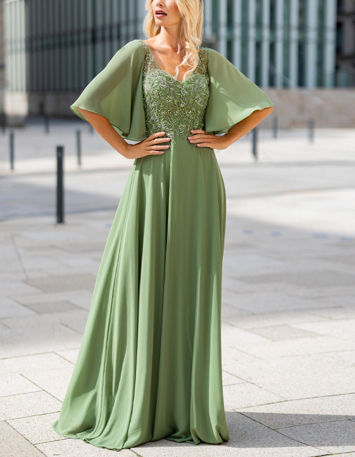 V-neck Solid Color Lace Chiffon Maxi Dress