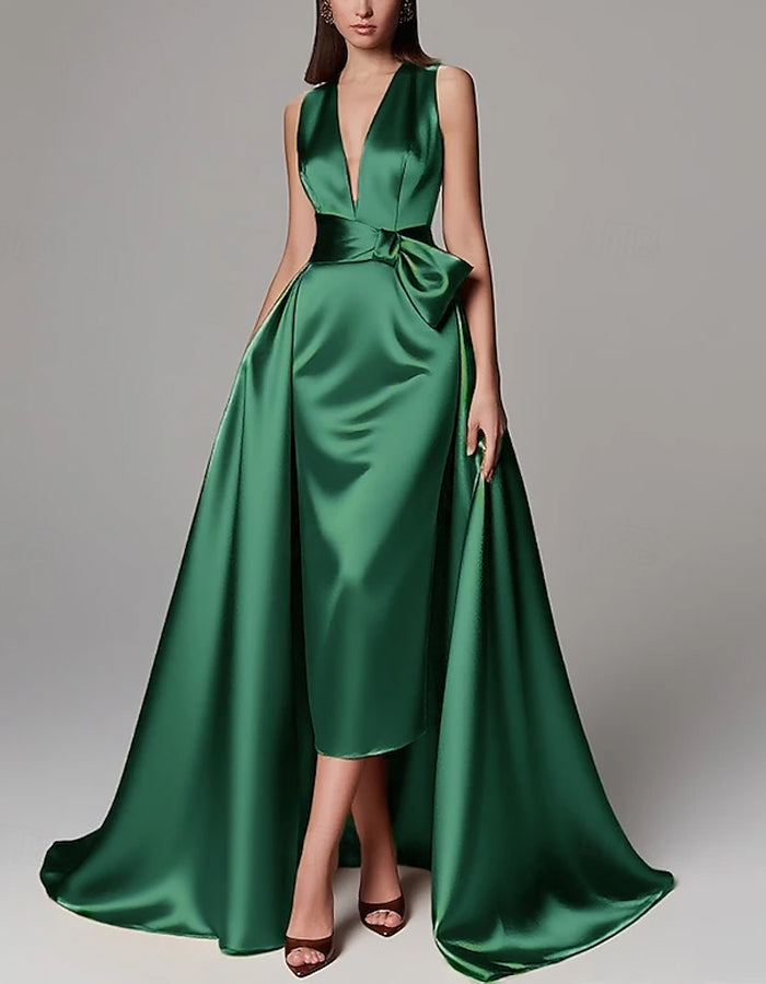 Solid Color A-line Formal Floor-length Long Sleeve Satin Ribbon Bow Maxi Dress