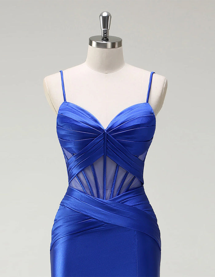 Blue Mermaid Spaghetti Strap Satin Corset Slit Ball Gown Maxi Dress