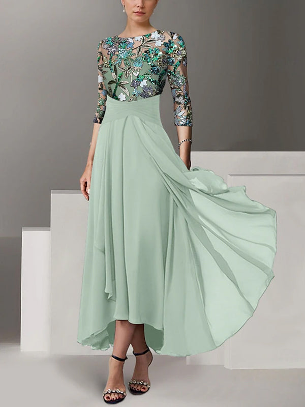 Vestido de Noche Vintage de Gasa con Bordado de Lentejuelas, Manga Media y Corte en A para la Madre de la Novia