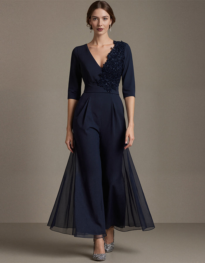 Navy Blue V-neck Chiffon A-line Half-sleeve Appliqué Midi Dress
