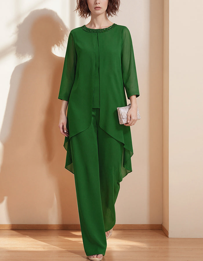 Green Round Neck Chiffon Top And Trousers 2-Piece Suit