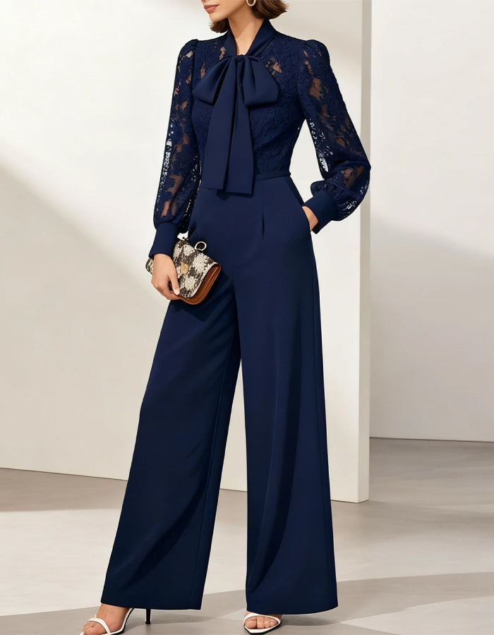 Blue Lace Bow Long Sleeve Jumpsuit