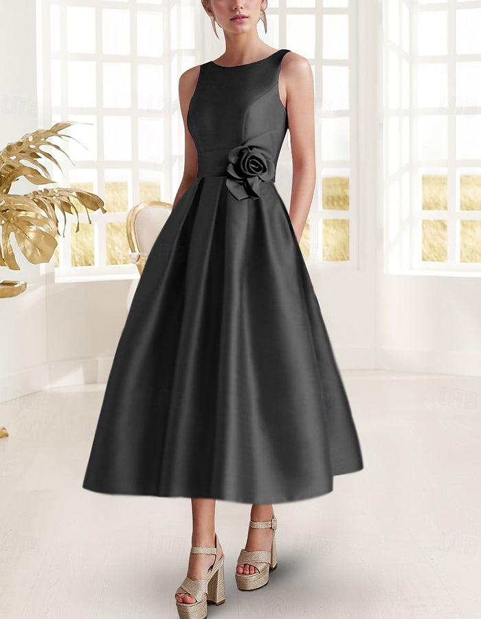 Solid Color Satin 3d Flowers Midi Dress