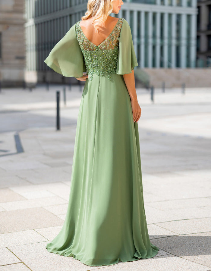 V-neck Solid Color Lace Chiffon Maxi Dress